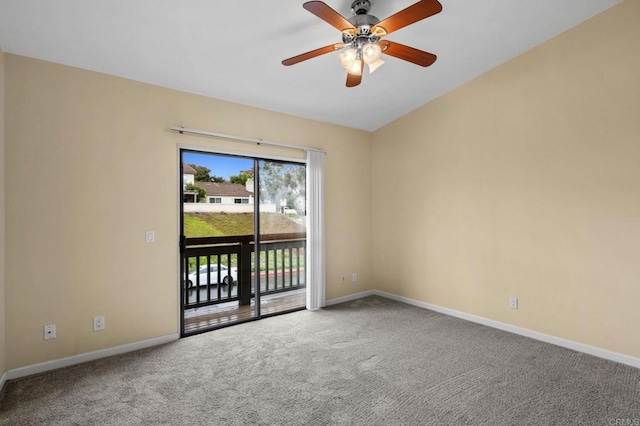 empty room with baseboards, carpet, and a ceiling fan