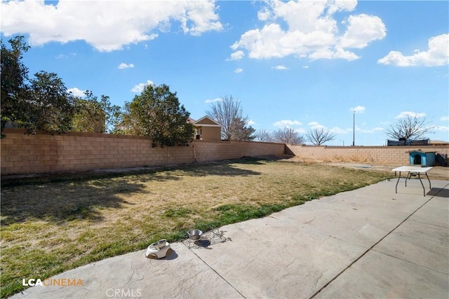 view of yard featuring a patio area and a fenced backyard