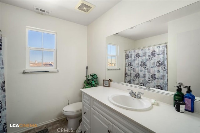 full bath with toilet, baseboards, visible vents, and vanity