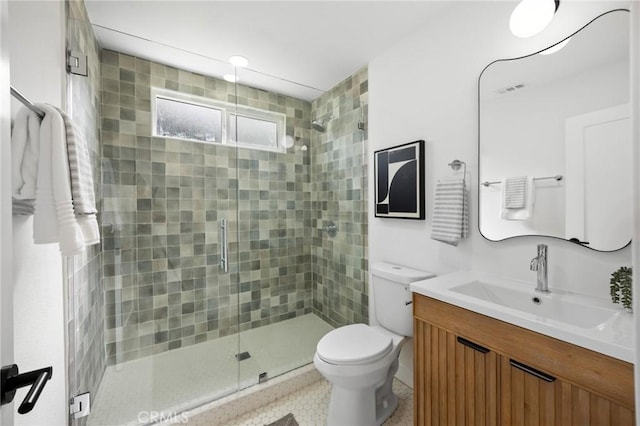 full bathroom featuring visible vents, a shower stall, toilet, and vanity