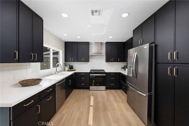 kitchen with visible vents, appliances with stainless steel finishes, a sink, dark cabinets, and wall chimney exhaust hood