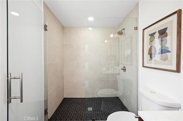 bathroom featuring a shower stall, toilet, and vanity