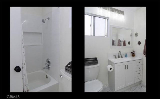 bathroom featuring marble finish floor, shower / tub combo, vanity, and toilet