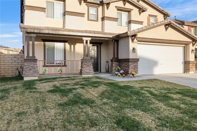 view of front of house featuring a garage, concrete driveway, a porch, and stucco siding