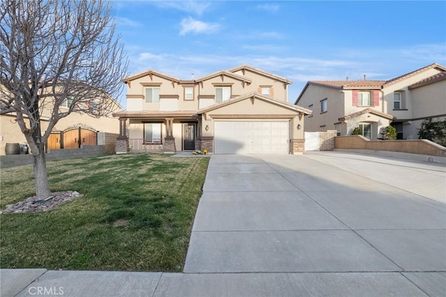 view of front facade with an attached garage, driveway, stone siding, stucco siding, and a front lawn