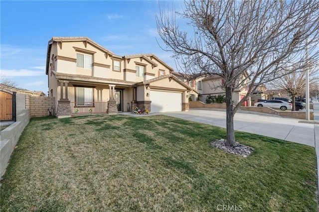 view of front of property with concrete driveway, stone siding, stucco siding, covered porch, and a front yard