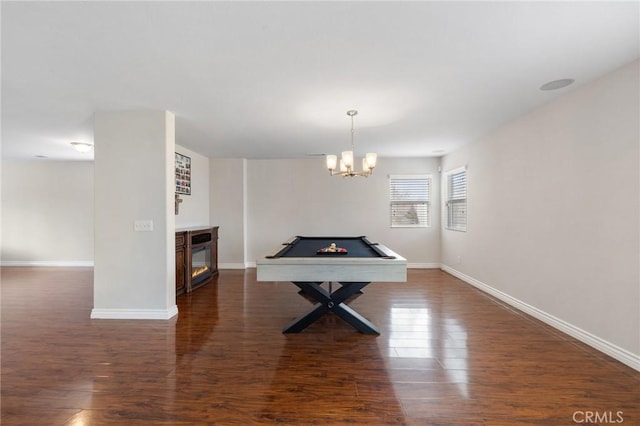 game room featuring baseboards, wood finished floors, and pool table