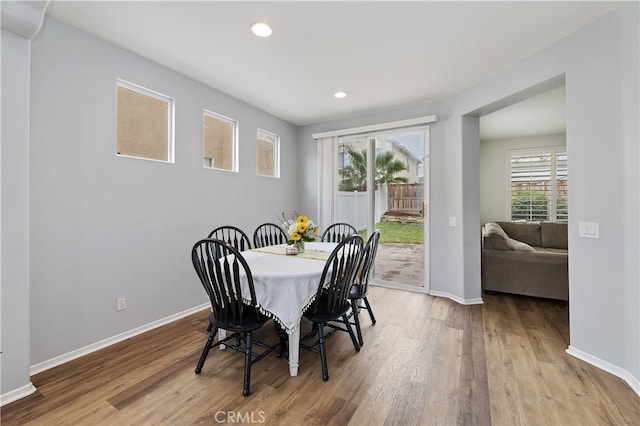 dining room with wood finished floors, a healthy amount of sunlight, and baseboards