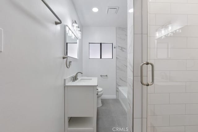 bathroom with a tub to relax in, a shower with door, toilet, vanity, and baseboards