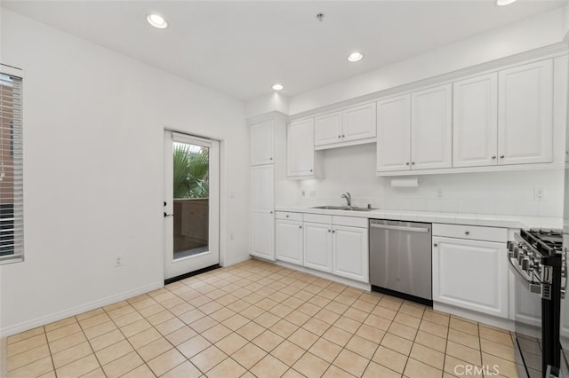 kitchen featuring white cabinetry, recessed lighting, range with gas cooktop, a sink, and dishwasher