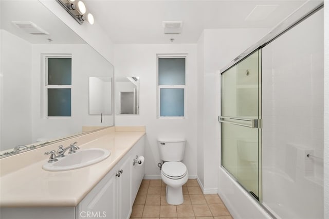 full bath with tile patterned floors, visible vents, toilet, baseboards, and vanity