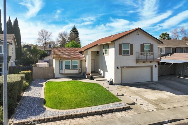 view of front of house with fence, stucco siding, concrete driveway, a garage, and a tile roof