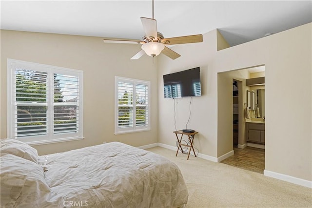 bedroom with baseboards, carpet, and ceiling fan