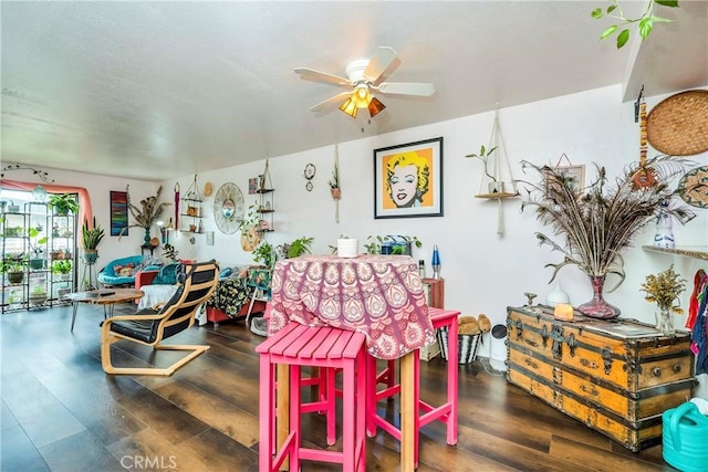 interior space with a ceiling fan and wood finished floors