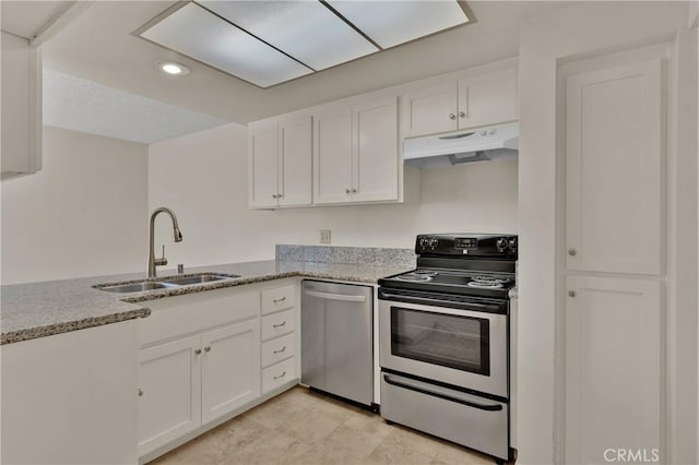 kitchen featuring a sink, white cabinetry, under cabinet range hood, and stainless steel appliances