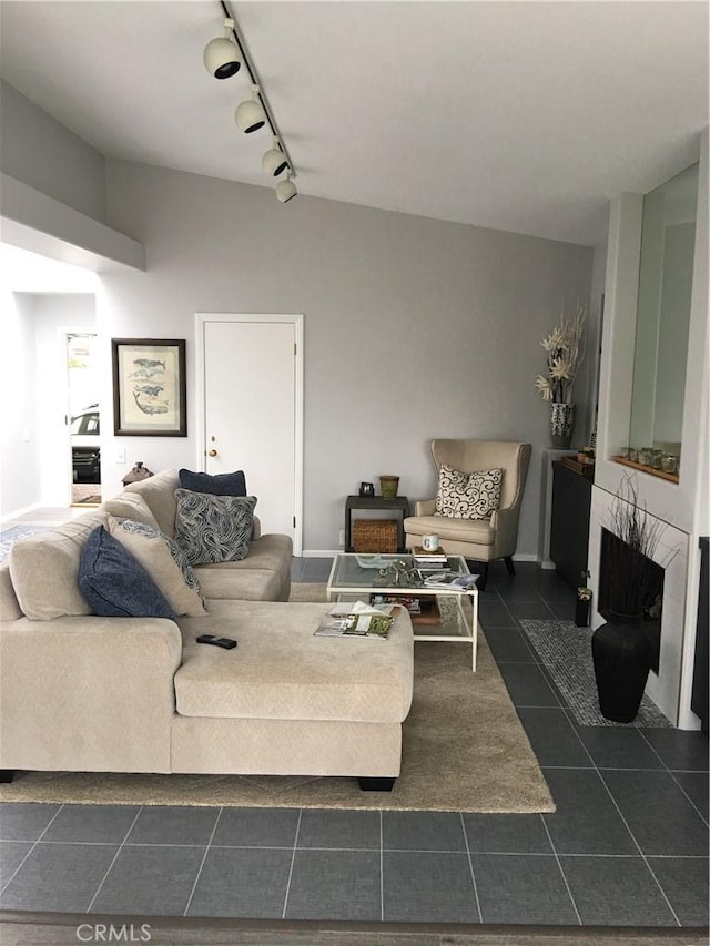 living area featuring rail lighting and dark tile patterned floors
