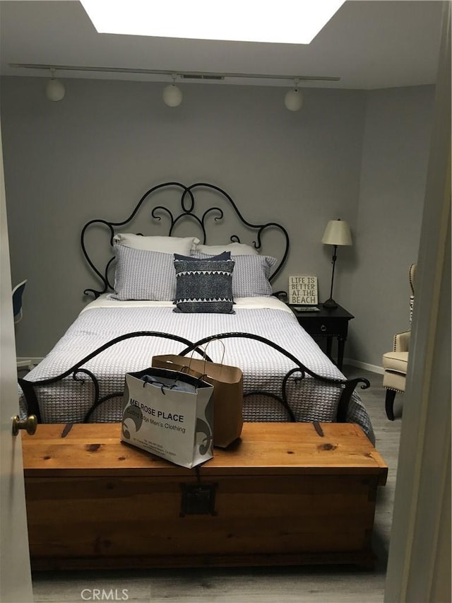 bedroom with a skylight, rail lighting, and wood finished floors