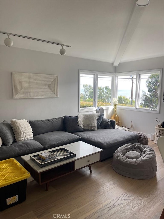 living room with rail lighting, wood finished floors, and beamed ceiling