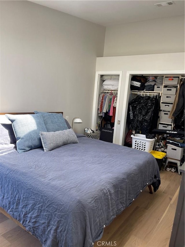 bedroom with wood finished floors and multiple closets
