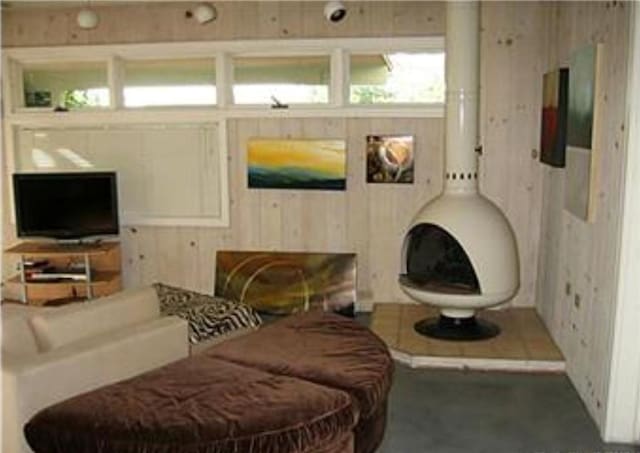 living room with wood walls