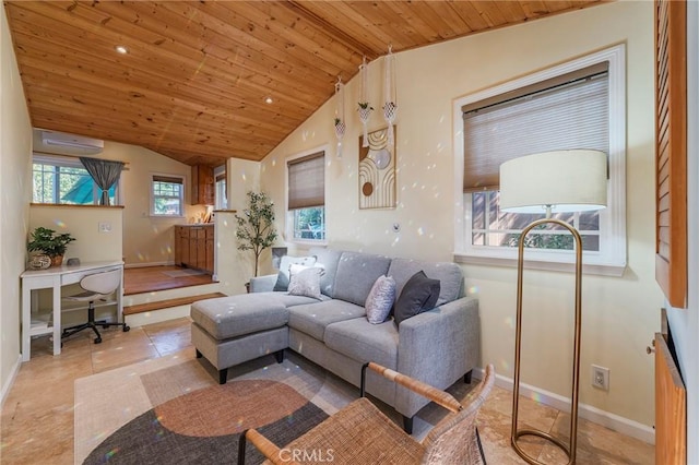 living room with light tile patterned floors, baseboards, a wall unit AC, wooden ceiling, and vaulted ceiling