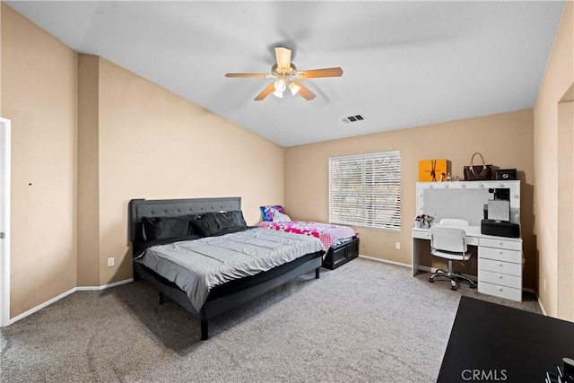 bedroom featuring baseboards, visible vents, vaulted ceiling, and carpet flooring