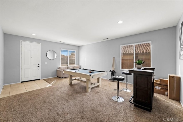 game room with recessed lighting, carpet floors, pool table, baseboards, and tile patterned floors