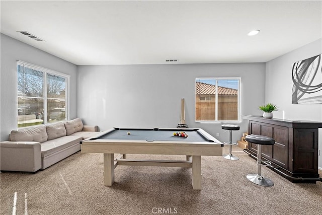 recreation room with carpet floors, pool table, visible vents, and recessed lighting