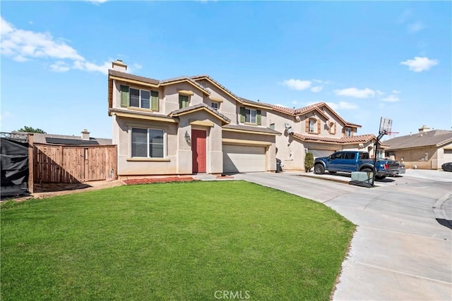 view of front facade with a chimney, stucco siding, a garage, driveway, and a front lawn