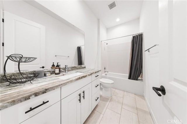 bathroom featuring visible vents, toilet, shower / bathtub combination with curtain, tile patterned flooring, and vanity