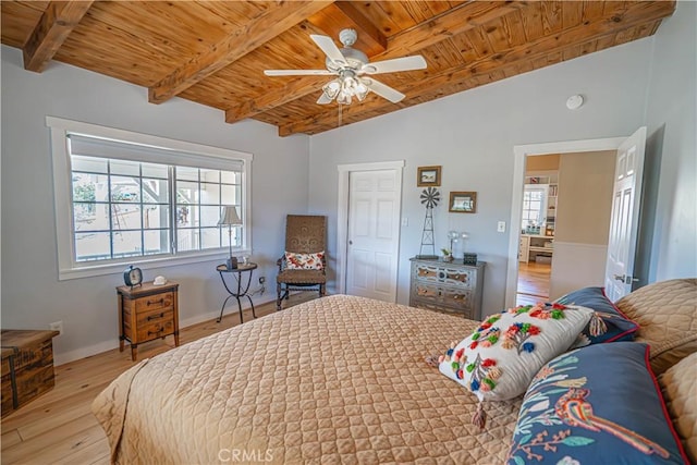 bedroom featuring lofted ceiling with beams, light wood-type flooring, wood ceiling, and a ceiling fan