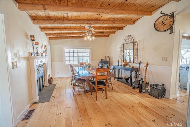 dining room featuring wooden ceiling, visible vents, light wood-style flooring, and beam ceiling