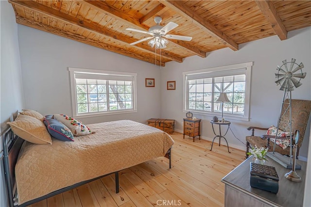 bedroom featuring vaulted ceiling with beams, hardwood / wood-style floors, wooden ceiling, and a ceiling fan