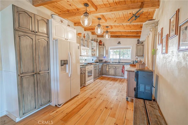 kitchen featuring light wood-style floors, white appliances, and wooden ceiling