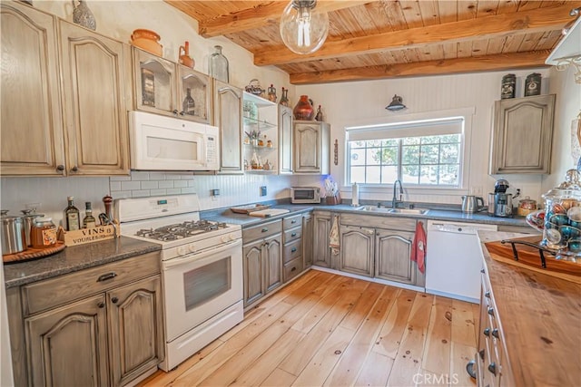 kitchen with beam ceiling, wood ceiling, a sink, light wood-type flooring, and white appliances