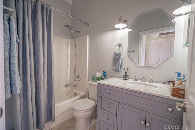 bathroom featuring shower / bath combination with curtain, vanity, tile patterned flooring, and toilet