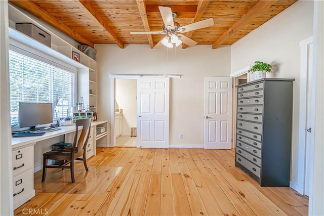 home office featuring light wood-type flooring, wooden ceiling, ceiling fan, and beam ceiling