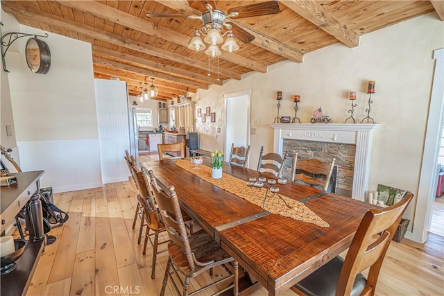 dining space featuring wooden ceiling, ceiling fan, hardwood / wood-style flooring, and beamed ceiling