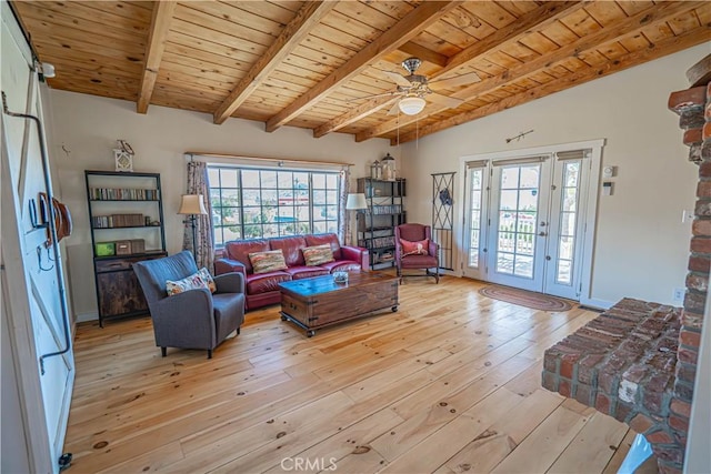 living area with a ceiling fan, wooden ceiling, lofted ceiling with beams, and light wood finished floors