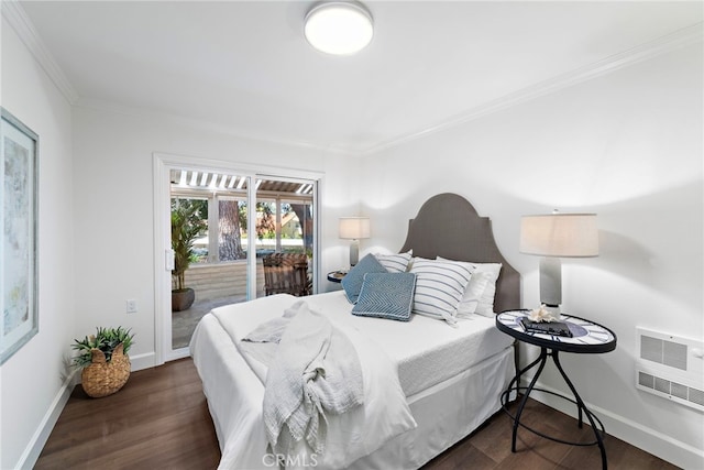 bedroom featuring access to outside, baseboards, dark wood finished floors, and ornamental molding