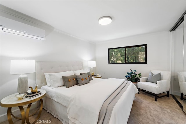 bedroom featuring ornamental molding, light carpet, and a wall unit AC