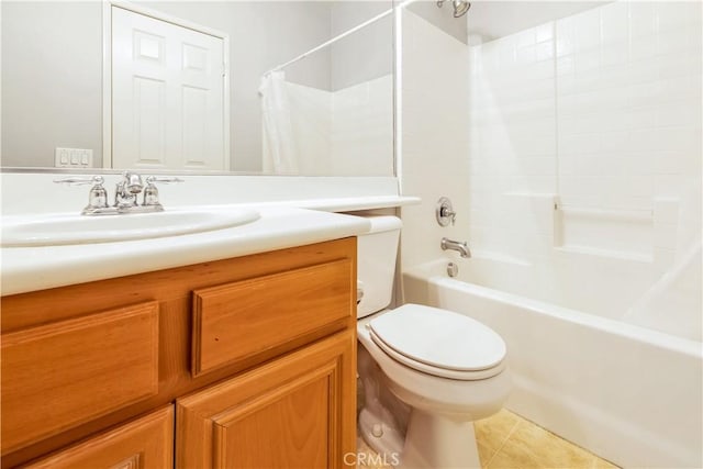 full bathroom featuring vanity, tile patterned flooring, shower / bath combination with curtain, and toilet