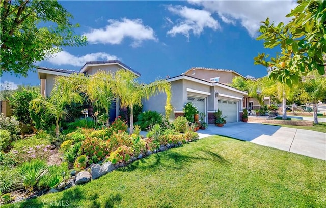 view of front of home featuring an attached garage, brick siding, concrete driveway, stucco siding, and a front lawn