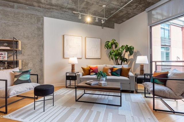 living area with light wood-style floors, rail lighting, and baseboards