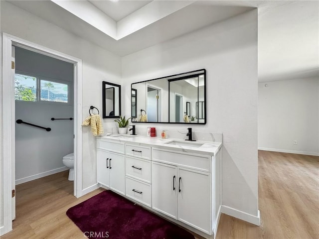 bathroom with double vanity, baseboards, toilet, wood finished floors, and a sink