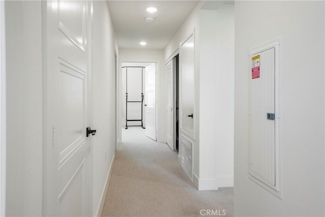 16289 Dawn Way Unit 204, Tustin, CA 92782 - hall featuring light carpet, baseboards, recessed lighting, and electric panel