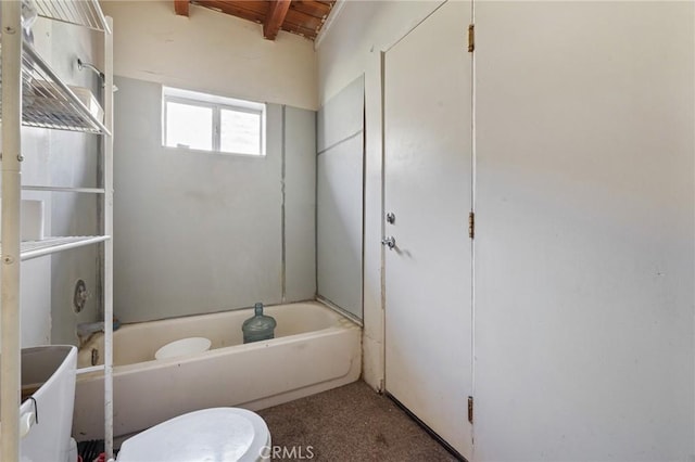 full bath featuring toilet and beam ceiling