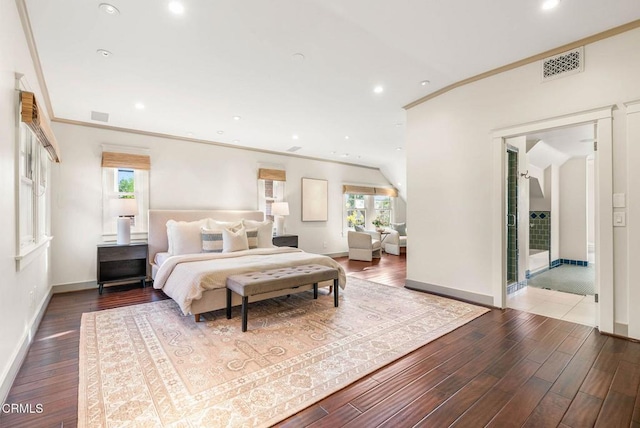 bedroom with ornamental molding, wood finished floors, visible vents, and recessed lighting