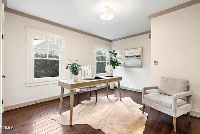 office area featuring wood-type flooring, crown molding, and baseboards