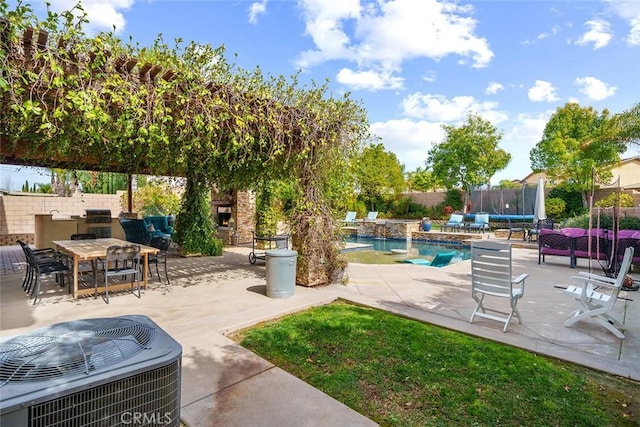 34908 Kooden Rd, Winchester, CA 92596 - view of patio / terrace featuring an outdoor fireplace, central air condition unit, outdoor dining space, fence, and exterior kitchen